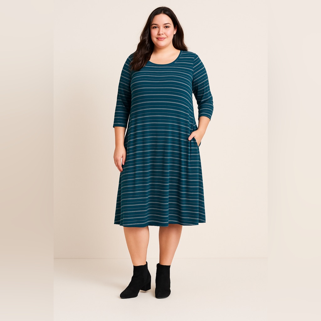 Garnet Hill Striped Swing Dress Small Green Blue White 3/4 Sleeve